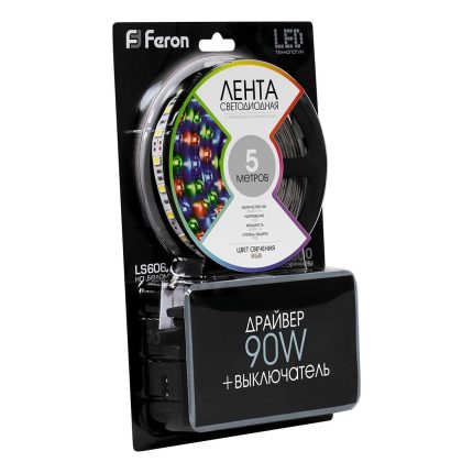 Комплект светодиодной ленты с пультом, 5м, 14.4Вт/м IP20 12V RGB, Feron LS606